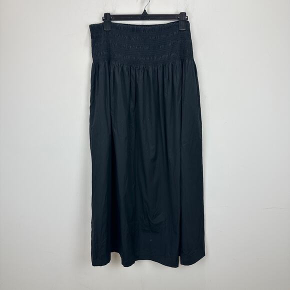 Madewell Smocked Waist Poplin Midi Skirt Cotton A Line Black Pockets XL NWT - Picture 14 of 15